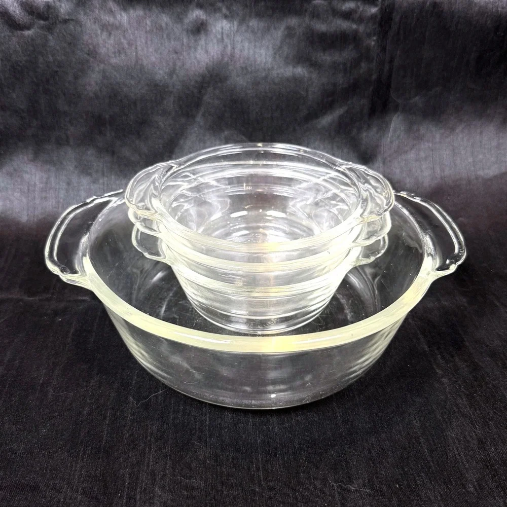 Vintage 4pc Fire-King Clear Glass Baking Casserole Set 1 - 1qt & 3 - 8oz Pieces